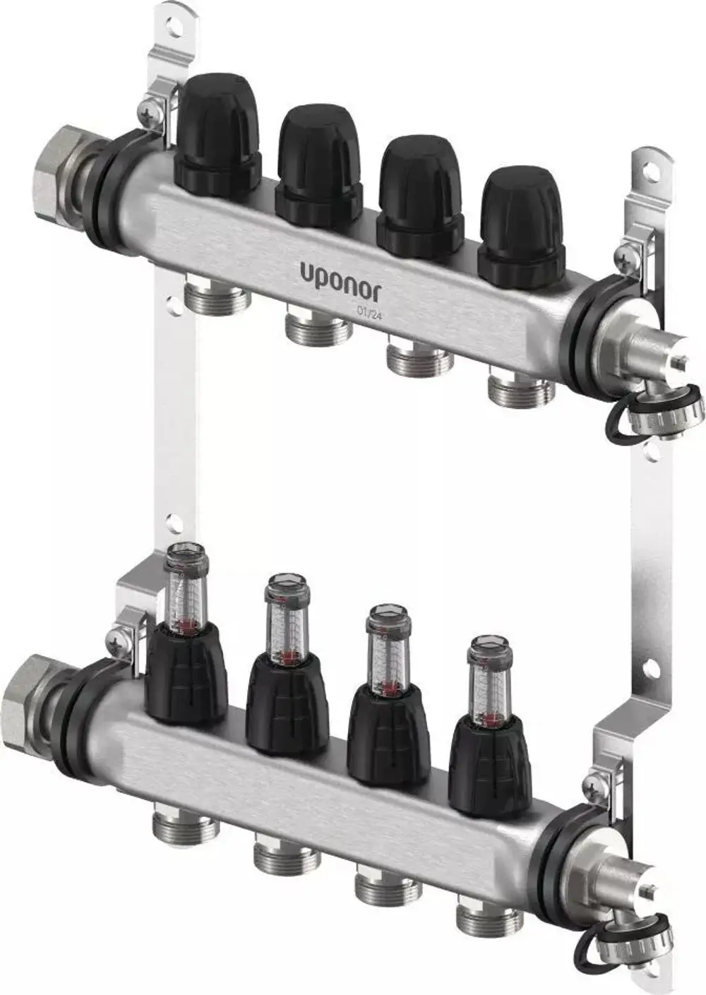 Verteiler mit mehreren Anschlüssen, gefertigt aus Edelstahl, installiert an einer Wand, mit schwarzen Schutzkappen. Produkt von Uponor für Heizungs- oder Wasserversorgungsanwendungen.